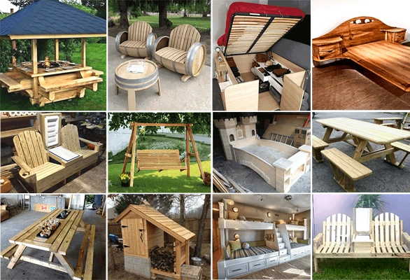 "A 12-photo collage featuring custom woodworking projects, including wine barrel chairs, a hydraulic storage bed, a castle-themed children's bed, and outdoor picnic tables with integrated coolers and fire pits."